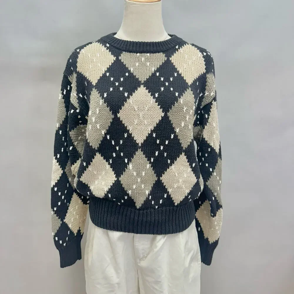 Vintage‎ Lizsport Argyle Sweater Women’s Small – Ramie Cotton Knit Oversized Fit